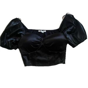 Haute Monde Black Satin Puff Sleeve Crop Top